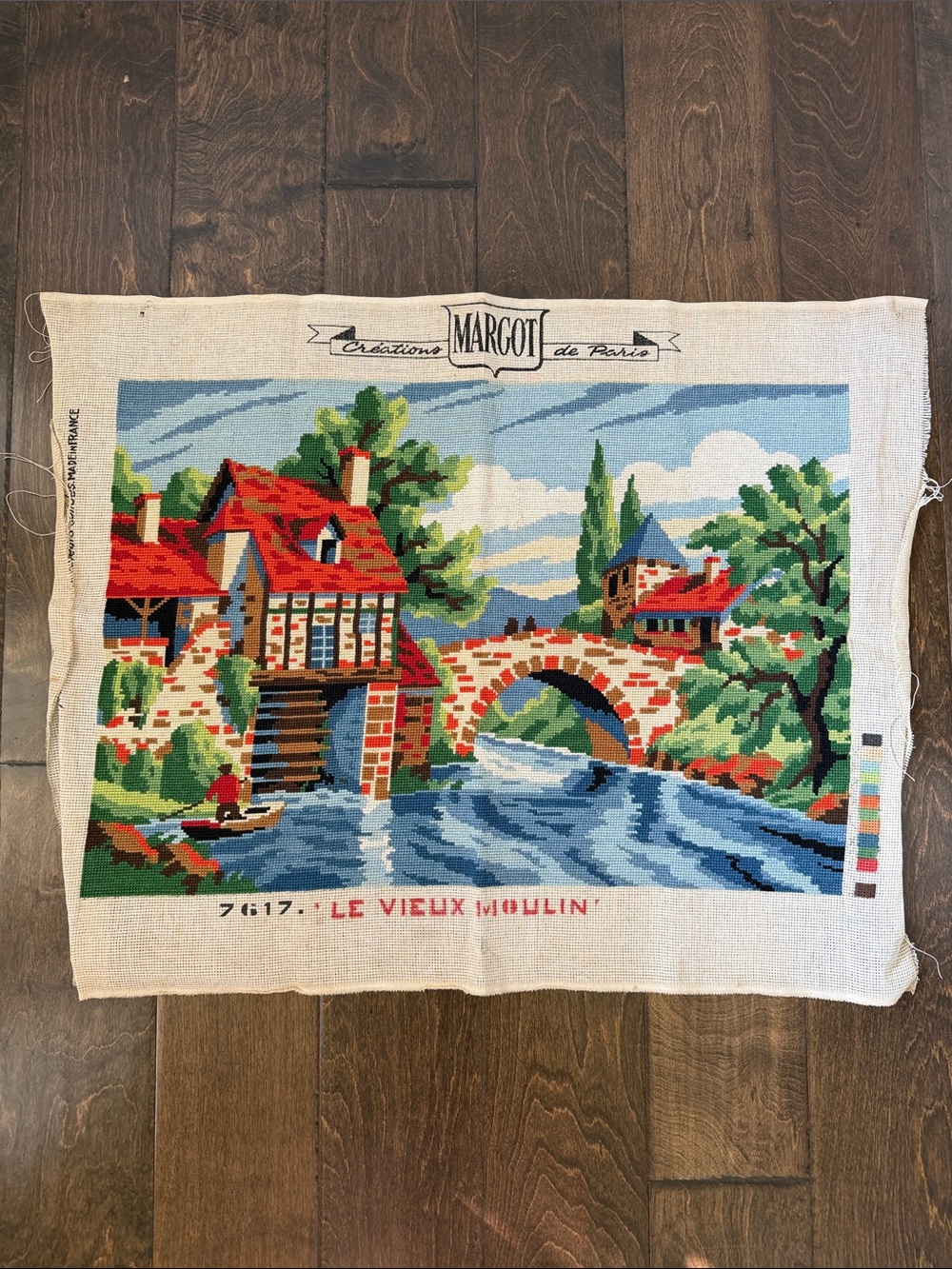 Completed Vintage Needlepoint - “Le Vieux Moulin”